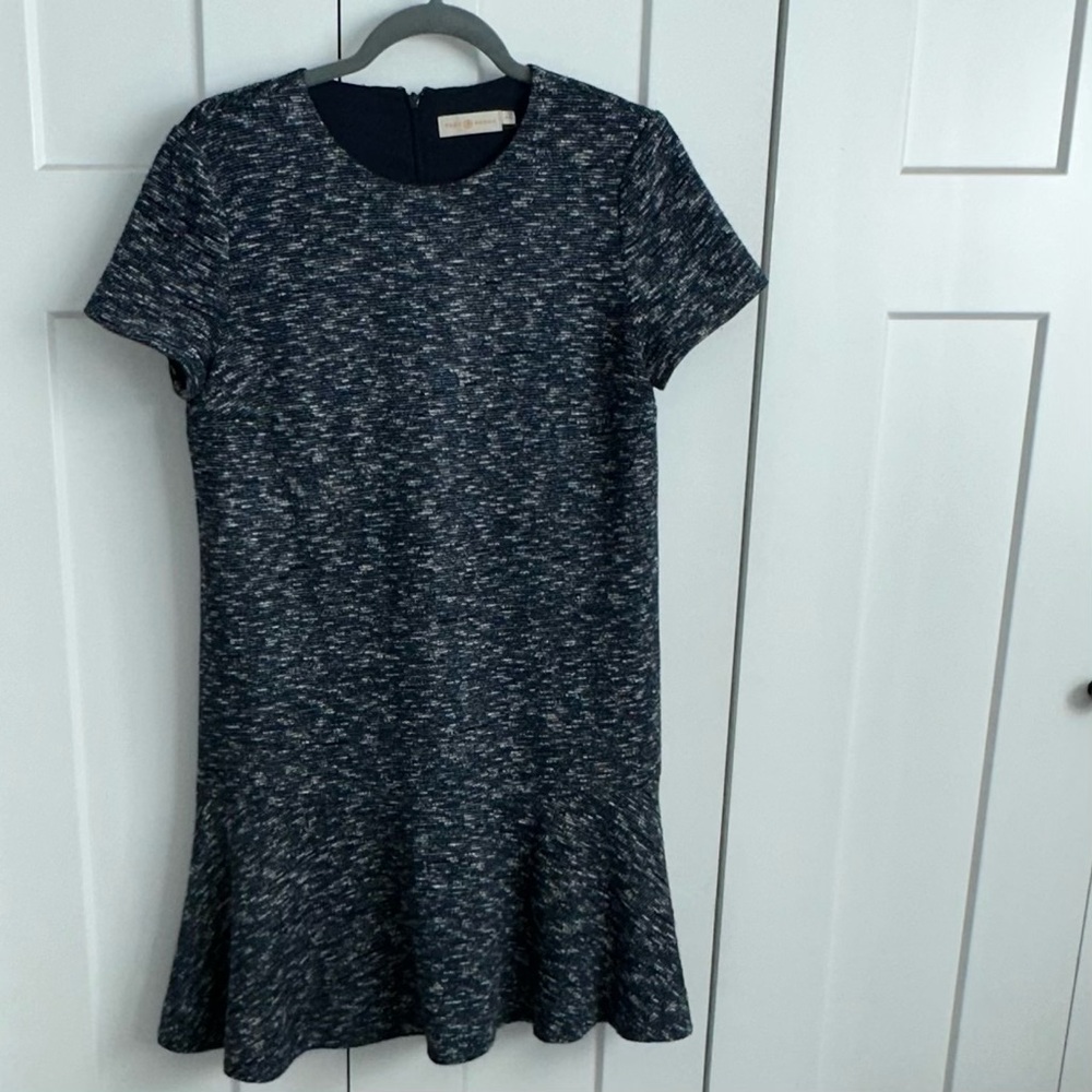 Tory Burch Margarite Flounce Dress Medium M Blue Marled Knit - Picture 1 of 8